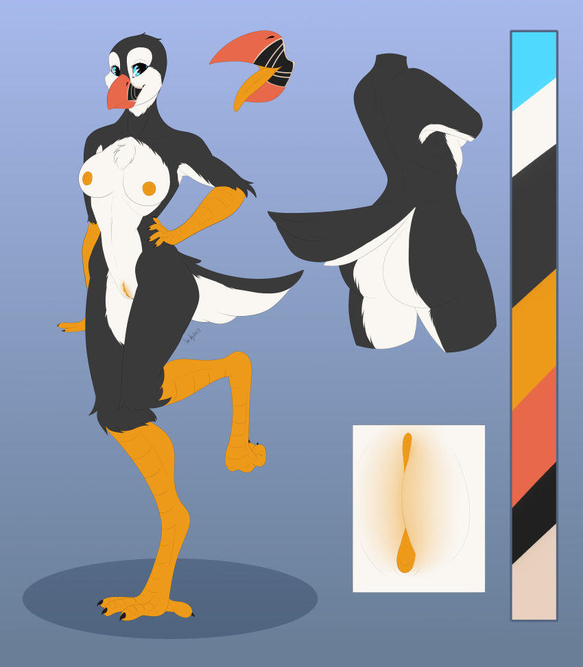 4_toes 5_fingers absurd_res alcid anisodactyl anthro avian aysha_(laulenture) biped bird black_feathers blackbatwolf blue_eyes feathers female fingers hi_res lari model_sheet nude orange_skin puffin scuted_arms scutes simple_background smile solo standing toes white_feathers