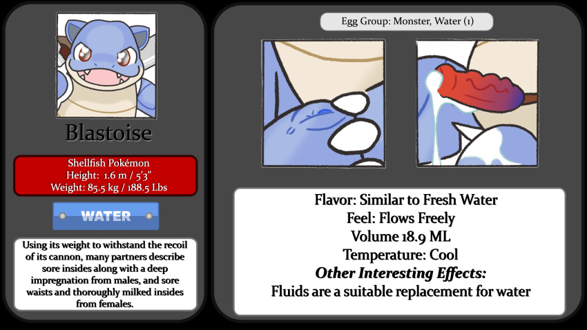 16:9 anatomically_correct anatomically_correct_genitalia anatomically_correct_pussy anus blastoise bodily_fluids close-up crotch_shot english_text female flamezart genital_fluids hi_res male nintendo penis pokémon_(species) pokedex pokemon pokemon_rgby precum pussy reptile scalie sea_turtle shell solo text turtle unusual_genitalia unusual_pussy video_games