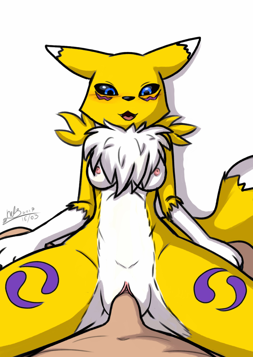 2019 absurd_res anthro anthro_penetrated biped blue_eyes blush breasts canid canine chest_tuft digimon digimon_(species) digital_media_(artwork) duo erection faceless_male female female_focus female_penetrated first_person_view fox fur haiiromon hi_res human human_on_anthro human_penetrating human_penetrating_anthro interspecies lying male male_penetrating mammal medium_breasts missionary_position nipples nude on_back penetration penis pussy renamon sex shounen_jump simple_background smile solo_focus spread_legs spreading straight tongue tuft vaginal_penetration white_fur yellow_fur