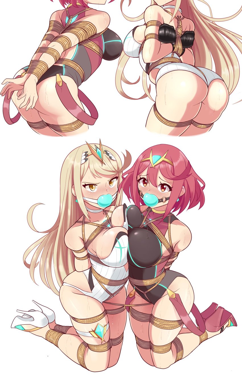 2girls absurdres angry arms_behind_back asymmetrical_docking bagelbomb ball_gag bangs blonde_hair blush bondage bound bound_together breasts competition_swimsuit crotch_rope femsub gag gem hair_ornament headpiece heels high_heels highres huge_filesize jewelry long_hair multiple_girls multiple_subs mythra nintendo one-piece_swimsuit pyra red_hair rope shibari_over_clothes swept_bangs swimsuit tiara tied_together xenoblade_(series) xenoblade_chronicles_2