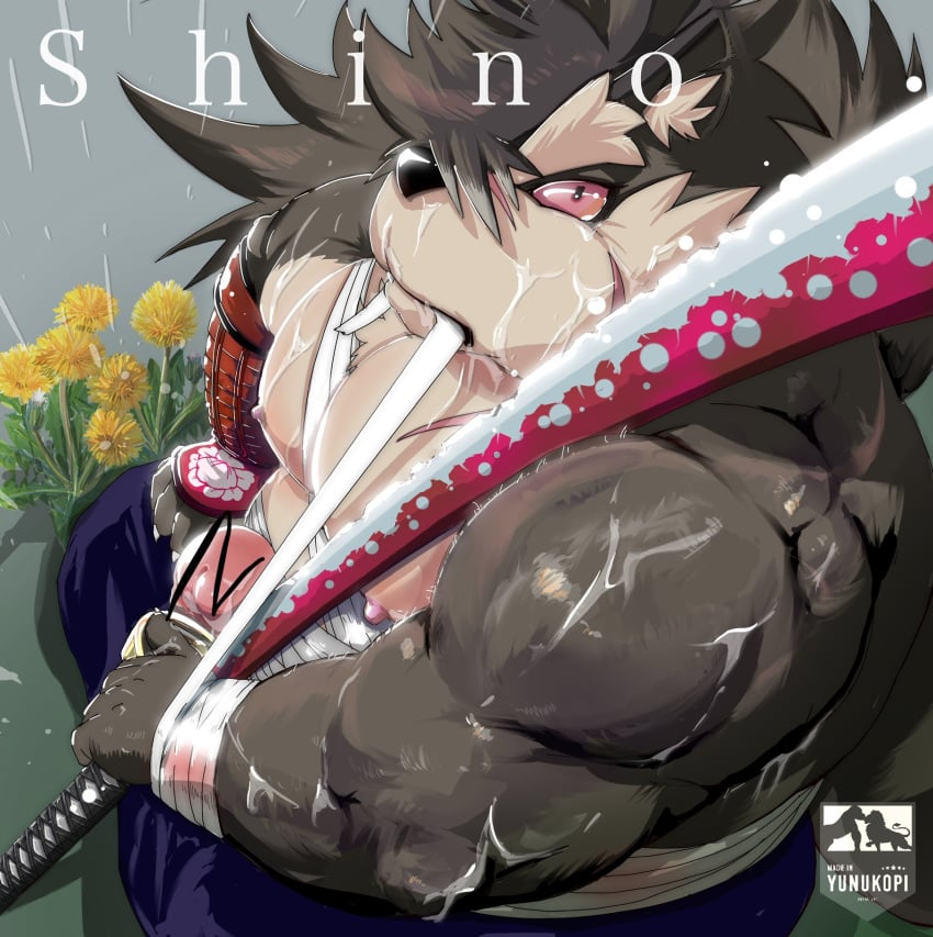 anthro balls bandage brown_fur canid canine canis chest_wraps domestic_dog fur hair hi_res katana long_hair male_only mammal melee_weapon multicolored_fur nipples penis plant raining red_eyes scar shino_(tokyo_afterschool_summoners) sword tokyo_afterschool_summoners two_tone_fur video_games weapon wounded wraps yunukopi