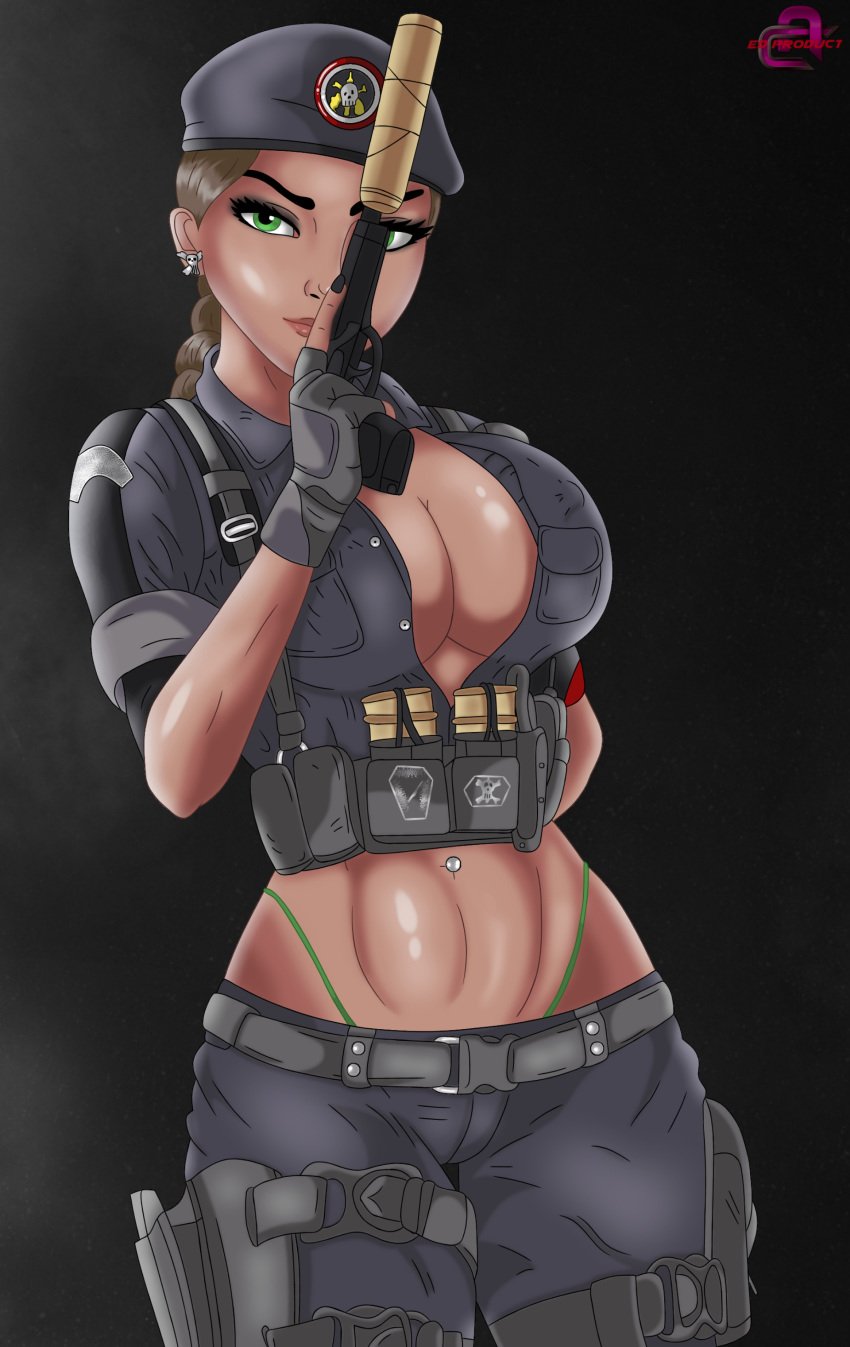 1girls abs belly_piercing belt beret beretta_92_(weapon) big_breasts black_nail_polish braid braided_hair braided_ponytail brazilian brazilian_female breasts brown_hair brunette busty caveira_(rainbow_six) cleavage clothing cropped_shirt cute dark-skinned_female dark_brown_hair dark_skin earrings ed_product erect_nipples erect_nipples_under_clothes exposed_midriff female female_only fingerless_gloves firearm fit fit_female g-string green_eyes green_panties green_thong green_underwear gun handgun highleg_panties holding_gun holding_pistol holding_weapon holster human latina magazine_(weapon) midriff military military_clothing military_uniform muscular muscular_female nail_polish navel_piercing navy_blue_legwear nipple_bulge panty_straps partially_unbuttoned pistol pouch rainbow_six rainbow_six_siege rolled_up_sleeves shirt_collar simple_background skull_earrings solo solo_female suppressor thong tom_clancy toned toned_female trigger_discipline ubisoft unbuttoned_shirt video_games weapon