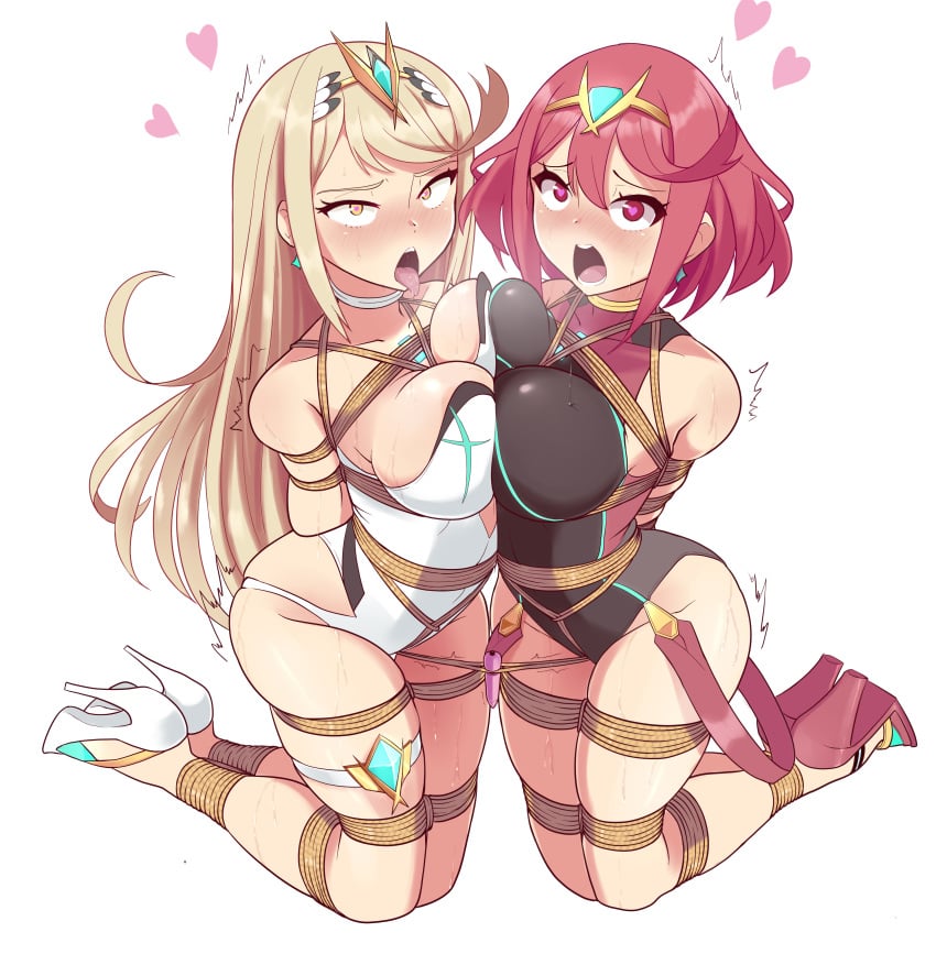 2girls absurdres ahe_gao angry arms_behind_back asymmetrical_docking bagelbomb bangs blonde_hair blush bondage bound breasts competition_swimsuit crotch_rope earrings femsub gem hair_ornament headpiece heart heart-shaped_pupils heels high_heels highres jewelry long_hair multiple_girls multiple_subs mythra_(xenoblade) nervous nintendo one-piece_swimsuit open_mouth pyra_(xenoblade) rope rope_bondage sweat sweatdrop swimsuit symbol-shaped_pupils tiara tied_up tongue tongue_out very_long_hair vibrator wet xenoblade_(series) xenoblade_chronicles_2