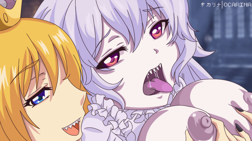 2girls animated areolae artist_name bangs black_choker black_nails blush boosette bowsette breast_grab breasts breasts_out choker collar crown deep_skin dress eyebrows_visible_through_hair fangs fingernails frilled_collar frilled_dress frills genderswap grabbing grabbing_from_behind jewelry large_breasts long_hair long_tongue looking_at_viewer mario_(series) mini_crown multiple_girls nail_polish new_super_mario_bros._u_deluxe nintendo nipples ocarinaotw open_mouth paid_reward pale_skin patreon_reward purple_tongue red_eyes saliva sharp_fingernails sharp_teeth smile spiked_collar spikes strapless studded_choker super_crown teeth tongue tongue_out white_dress yuri