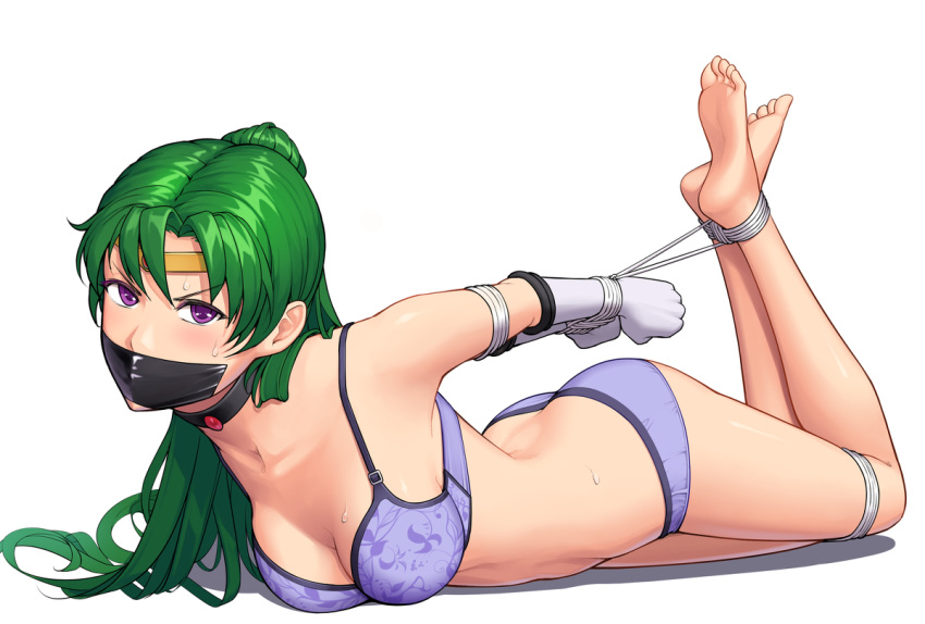 1girls angry arms_behind_back barefoot bishoujo_senshi_sailor_moon bondage bound bound_ankles bound_arms bound_legs bound_wrists bra breasts cleavage collar feet female femsub gag gagged gbeeee green_hair hands_tied hogtie hogtied long_hair looking_at_viewer medium_breasts on_stomach panties restrained sailor_pluto setsuna_meiou soles solo tape tape_gag taped_mouth the_pose tied tied_up toes underwear white_background