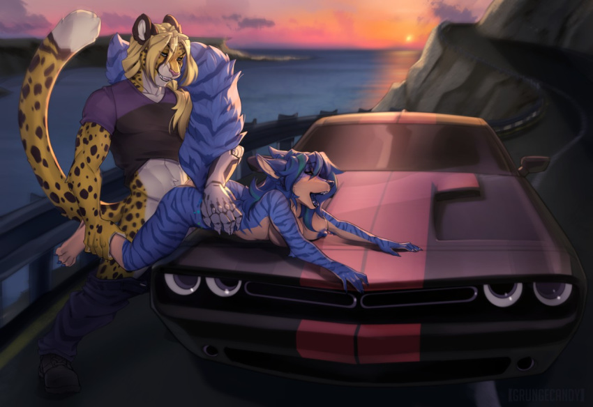 4_toes 5_fingers anthro anthro_on_anthro blonde_hair blue_fur blue_hair car cheetah clothing day detailed_background dodge_challenger felid feline female fingers fur grungecandy hair male mammal nude open_mouth outside pantherine sky smile spots spotted_fur straight striped_fur stripes teeth tiger tigvix toes tongue vehicle yellow_fur