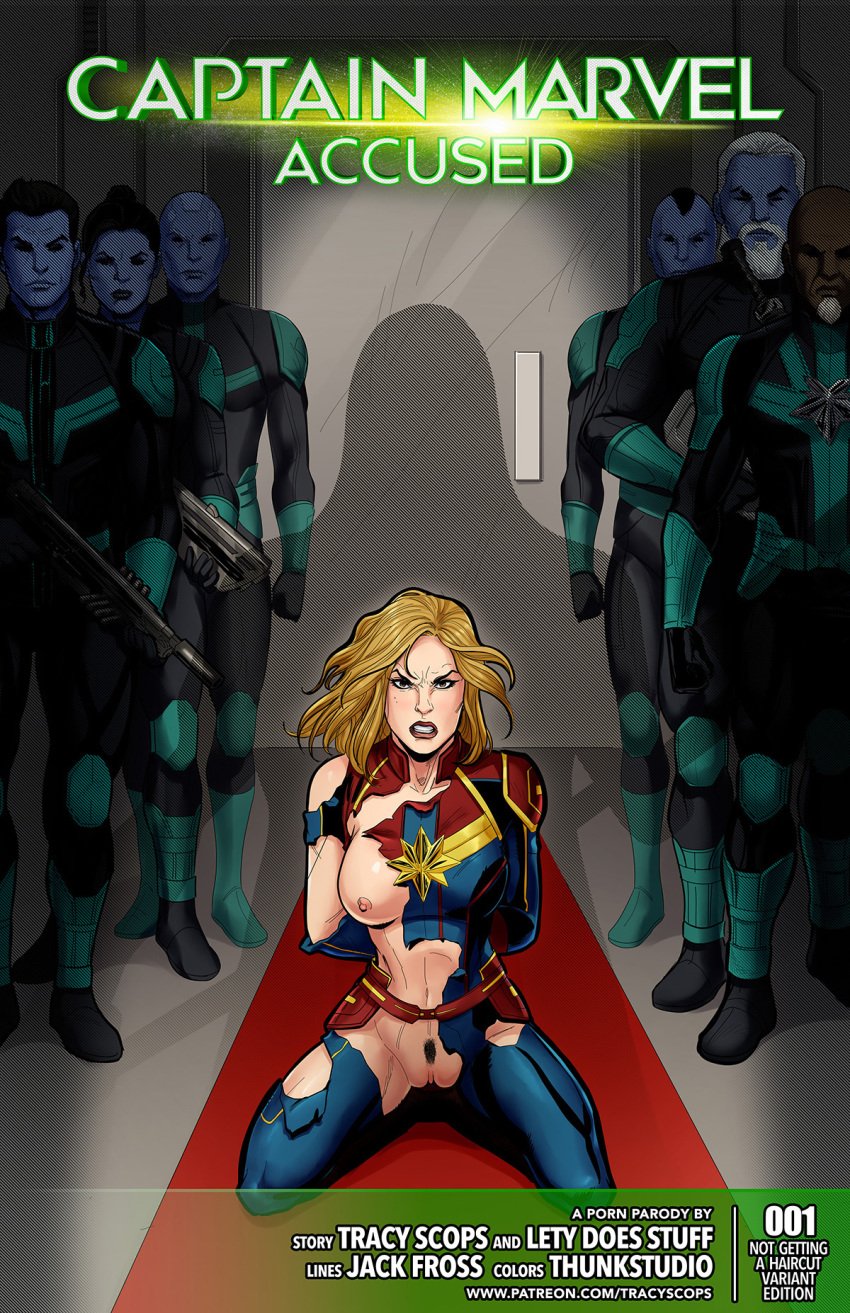 2girls alien alien_girl alien_humanoid angry armor arms_behind_back beard blonde blonde_hair blue-skinned_female blue-skinned_male bodysuit breasts captain_marvel captain_marvel_(movie) captured carol_danvers clenched_teeth english_text guardians_of_the_galaxy gun guns half_dressed half_naked hands_behind_back human humanoid imminent_rape jack_fross kneeling korath_the_pursuer kree_(marvel) landing_strip lety_does_stuff light-skinned_female light_skin marvel marvel_cinematic_universe multiple_boys multiple_females multiple_girls multiple_males mustache nipples on_knees pauldron prisoner punishment pussy red_belt red_carpet restrained ronan_the_accuser shadow spread_legs surrounded thunkstudio torn_bodysuit torn_clothes tracyscops