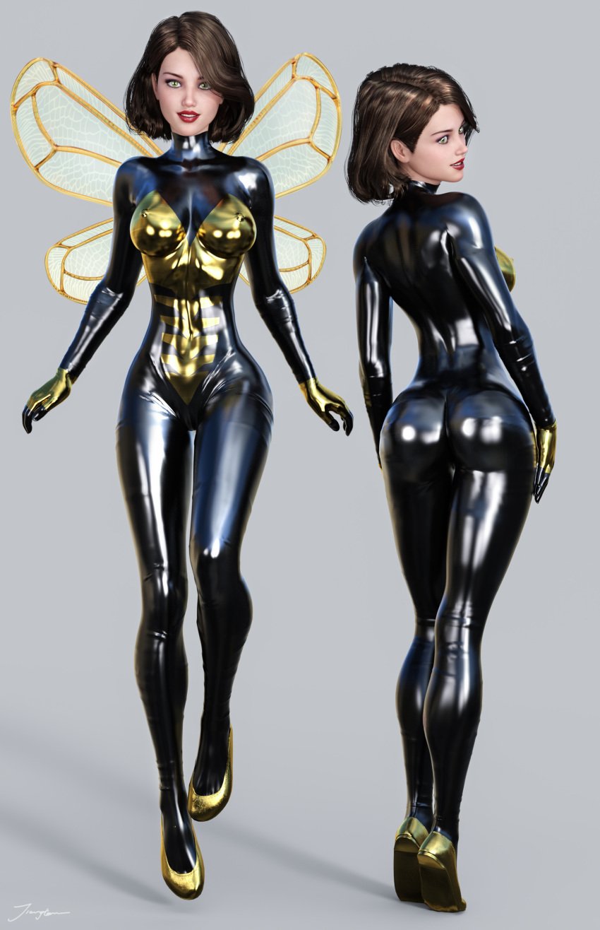 1girls 3d 3d_(artwork) ass avengers back_view black_bodysuit bob_cut bodysuit breasts brown_hair brunette dat_ass erect_nipples erect_nipples_under_clothes eyeshadow fairy fairy_wings female female_only flats flying from_behind front_view green_eyes insect_wings janet_van_dyne jpeg lipstick looking_back makeup marvel marvel_comics mascara medium_breasts nipple_bulge nipples red_lips red_lipstick rubber rubber_clothing rubber_suit shiny_clothes shoes short_hair signature smile smiling solo standing tiangtam wasp_(marvel) wings yellow_eyes yellow_shoes yellow_wings