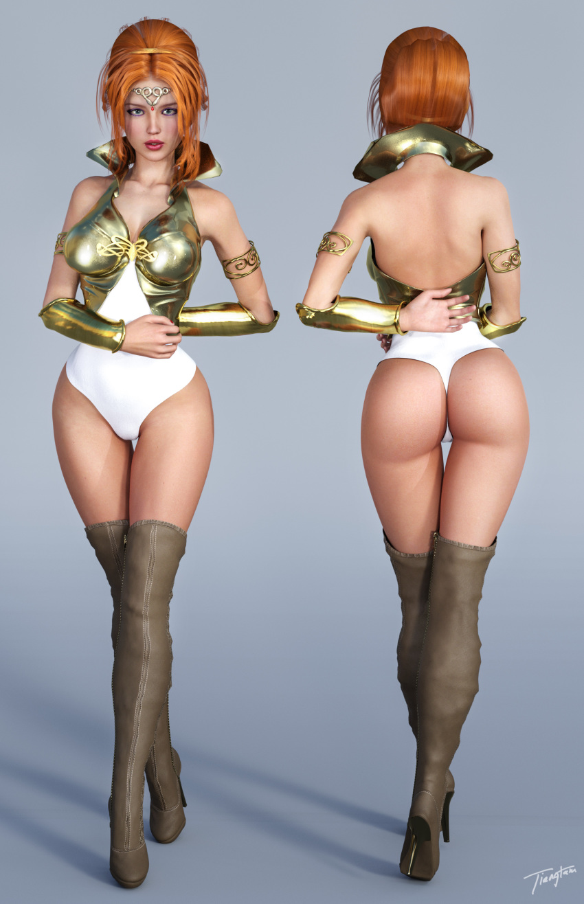 3d ass back_view blue_eyes boots bracers breastplate breasts brown_heels brown_high_heel_boots crown dat_ass eyeshadow from_behind front_view ginger hair_bun hairbun heels high_heel_boots high_heels leather_boots leotard lipstick makeup mascara masters_of_the_universe nail_polish red_hair signature teela thigh_boots thigh_high_boots thighhigh_boots thighs tiangtam white_leotard