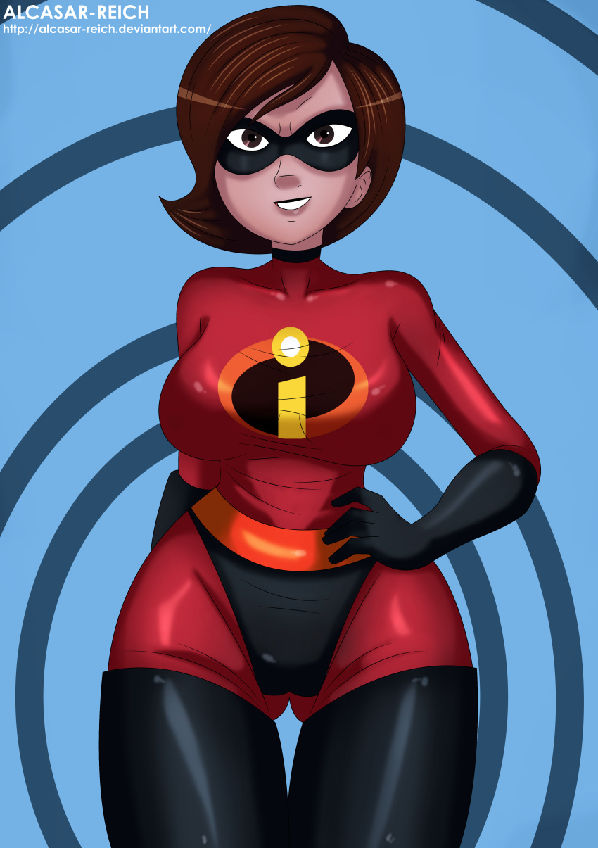 1girls alcasar-reich big_breasts black_gloves bodysuit breasts brown_eyes brown_hair disney domino_mask elastigirl female gloves hand_on_hip helen_parr large_breasts mask milf pixar short_hair smooth_skin solo the_incredibles thigh_gap thighs wide_hips