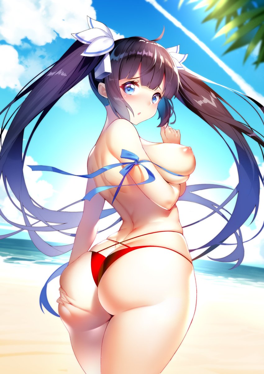 1girls :o absurdres ahoge areolae arm_ribbon arm_under_breasts ass ass_cleavage back bangs bare_shoulders beach bikini black_hair blue_eyes blue_ribbon blue_sky blunt_bangs blush breasts butt_crack cloud commentary_request condensation_trail cowboy_shot day deep_skin dungeon_ni_deai_wo_motomeru_no_wa_machigatteiru_darou_ka eyebrows_visible_through_hair female female_only fingernails from_behind grabbing_own_thigh guohua hair_ribbon hestia_(danmachi) highres large_breasts long_hair looking_at_viewer looking_back multi-strapped_bikini nipples ocean open_mouth outdoors palm_tree red_bikini rei_no_himo ribbon sand shiny shiny_hair shiny_skin shoulder_blades sidelocks skindentation sky solo swimsuit thigh_grab thighs topless tree twintails very_long_hair water