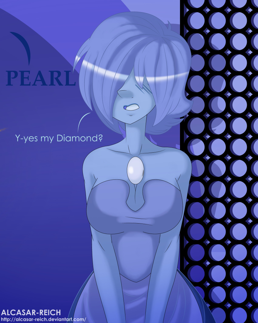 1girls alcasar-reich bare_shoulders blue_hair blue_pearl_(steven_universe) blue_skin breasts cartoon_network cleavage dialogue dress hair_over_eyes large_breasts parted_lips short_hair steven_universe