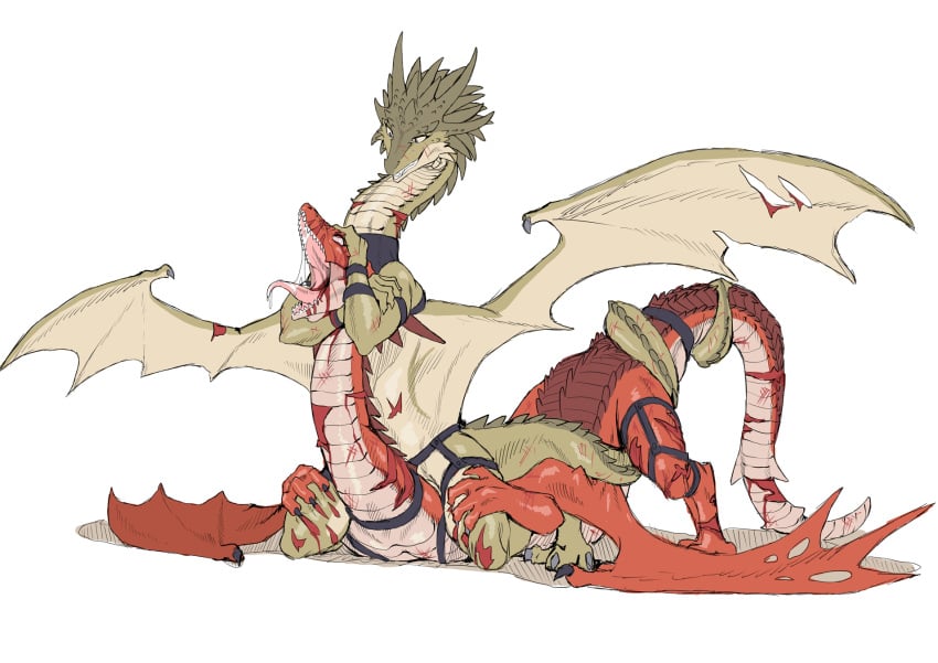 asphyxiation black_claws blood blue_eyes bodily_fluids choke_hold claws dragon female fight green_scales hi_res kneeling pink_tongue red_eyes red_scales saliva scales scalie scar snuff strangling tail_wraps teeth the_guron tongue tongue_out violence western_dragon wings wounded wraps