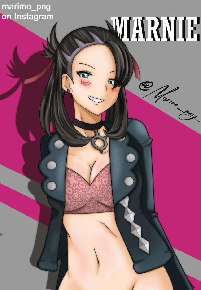 1girls abs alternate_breast_size belly black_hair cleavage clothed eye_contact female green_eyes human human_only jacket looking_at_viewer marimo_png marnie_(pokemon) nintendo pokemon pokemon_ss smile solo text