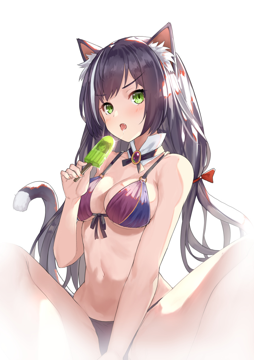 1girls absurdres animal_ear_fluff animal_ears bare_arms bare_shoulders bikini black_bikini black_hair breasts cat_ears cat_girl cat_tail cleavage detached_collar female food front-tie_bikini front-tie_top frown green_eyes highres holding kyaru_(princess_connect) large_breasts long_hair looking_at_viewer low_twintails multicolored_hair navel oerba_yun_fang open_mouth popsicle princess_connect! princess_connect!_re:dive saliva saliva_trail simple_background sitting solo stomach streaked_hair swimsuit tail thighs tongue tongue_out twintails weiyinji_xsk white_background