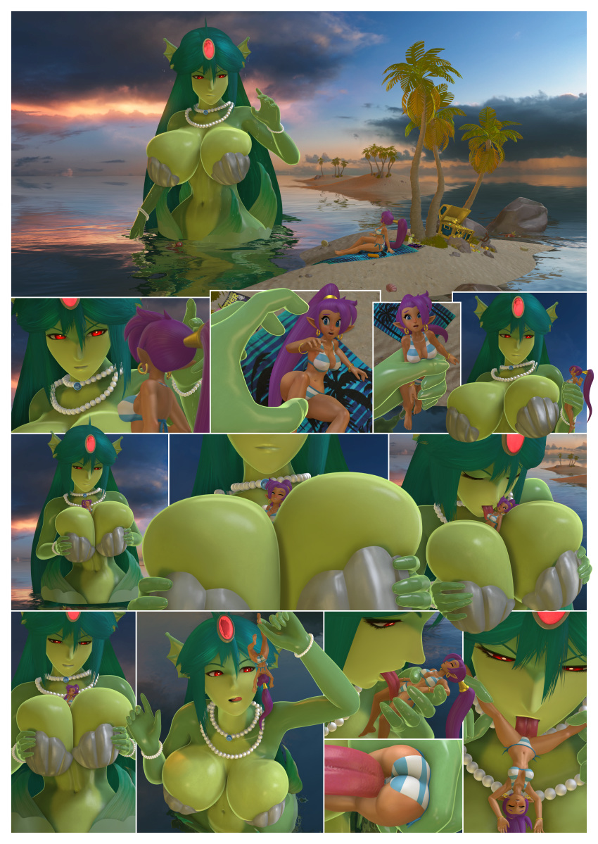 2girls 3d absurdres ass banskinator between_breasts breasts comic crossover cunnilingus dark-skinned_female dark_skin female female_only giantess giga_mermaid green_hair green_skin highres huge_breasts larger_female licking magikarp mario_(series) nintendo nipples nude oral outdoors pokemon pokemon_(species) purple_hair shantae shantae_(character) size_difference smaller_female smooth_skin source_filmmaker urbanator waluigi yuri