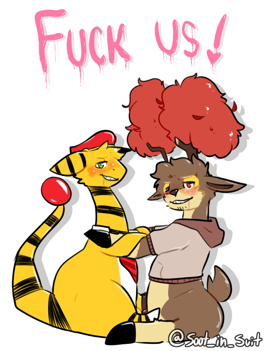 ampharos animal_genitalia ass autumn_sawsbuck bodily_fluids bottomless cervine chubby clothing duo frottage gay hat headgear headwear hi_res hooves horn huge_ass invalid_tag inviting leaf male male/male necktie nintendo original_character pokémon_(species) pokemon pokemon_(species) pokemon_bw pokemon_gsc saliva sawsbuck sex sheath sheep shirt soot_in_suit testicles text video_games yaoi