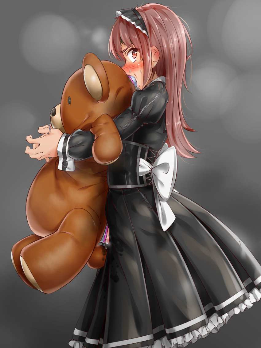 1boy artificial_vagina black_bow black_dress blush bonnet bow crossdressing dildo dress femboy frilled_dress frills fumi11gou girly gothic_lolita hairband highres lolita_fashion lolita_hairband male male_only original restrained simple_background solo stuffed_animal stuffed_toy sweat teddy_bear trap wig