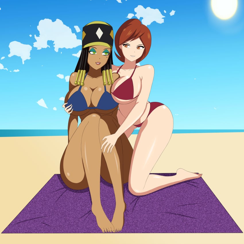 2girls anoneysnufftan applying_sunscreen beach beach_towel bikini braided_hair brown_eyes brown_hair dark-skinned_female dark_skin disney dragon_ball dragon_ball_super edasbild egyptian embarrassed female female_only green_eyes headdress helen_parr heles humiliation imminent_death killer_lotion massage murder ocean peril pixar punishment rubbing sand seaside short_hair sky snuff summer sunbathing swimsuit the_incredibles towel