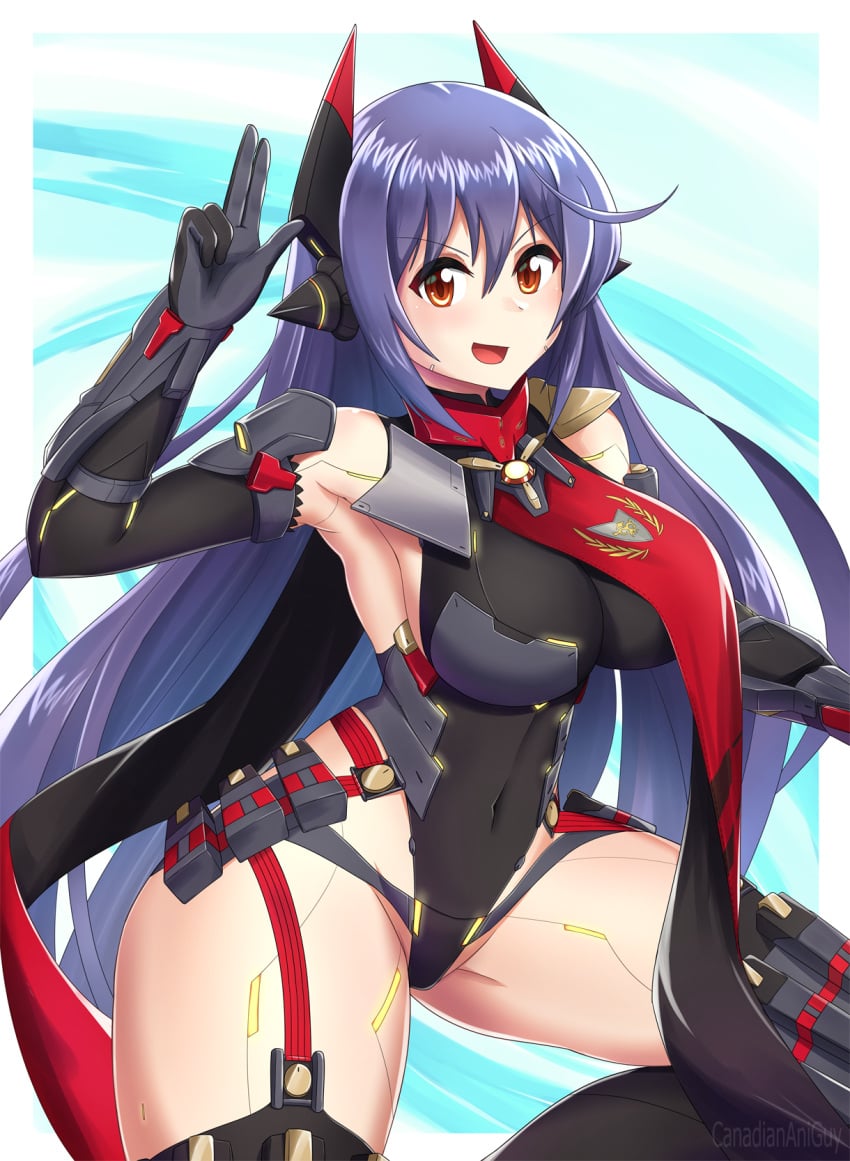 1girls :d android big_breasts black_gloves black_leotard black_thighhighs canadiananiguy core_crystal cowboy_shot elbow_gloves female female_only fully_clothed garter_straps gloves hair_between_eyes high_res leotard long_hair open_mouth orange_eyes poppi_(xenoblade) poppi_qtpi_(xenoblade) purple_hair revealing_clothes robot_ears smile stockings tight_clothing very_long_hair xenoblade_(series) xenoblade_chronicles_2