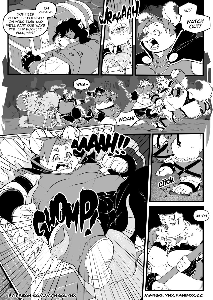 7_panel_comic absurd_res ailurid anthro armor bottomwear bovid bulge canid canine caprine chubby_cheeks clothed clothing comic dialogue digital_media_(artwork) english_text fantasy_clothing goat group hi_res male mammal mangolynx mimic mimic_chest monochrome moobs mouse murid murine overweight overweight_anthro overweight_male red_panda rodent tentacle text url