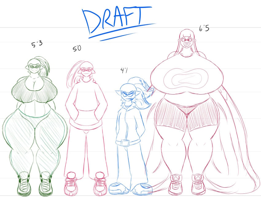 abs charie_(igphhangout) chum_(igphhangout) dutch_(igphhangout) height_chart height_comparison height_difference hourglass_figure igphhangout inkling inkling_boy inkling_girl large_breasts larger_female massive_breasts mint_(igphhangout) muscular_female shorter_male small_waist smaller_male_larger_female splatoon splatoon_(series) splatoon_2 splatoon_3 taller_female