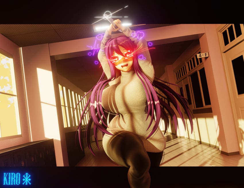 1girls 3d 3d_(artwork) arms_up big_breasts breasts clothing crazy_smile doki_doki_literature_club female female_only glowing glowing_eyes hallway indoors kiro93591529 knife looking_at_viewer pants png purple_hair red_eyes solo sweater thick_thighs weapon wide_hips yandere yuri_(doki_doki_literature_club)