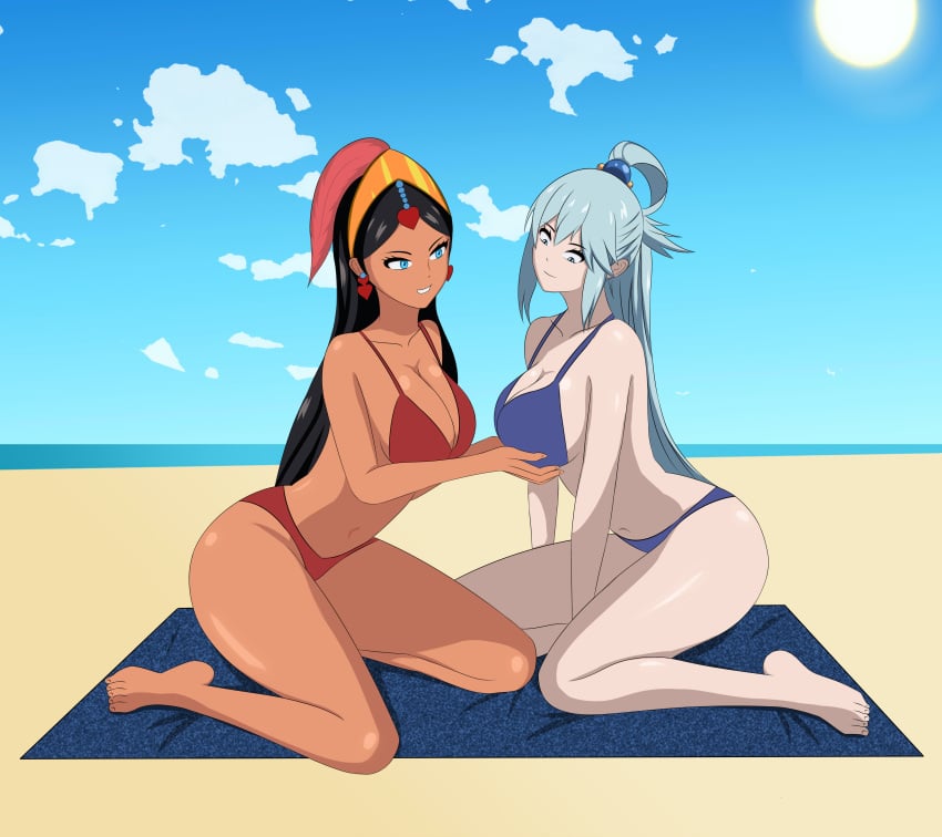 2girls anoneysnufftan applying_sunscreen aqua_(konosuba) arabian beach beach_towel bikini black_hair blue_eyes blue_hair earrings edasbild embarrassed female female_only headdress humiliation imminent_death jewelry killer_lotion kono_subarashii_sekai_ni_shukufuku_wo! long_hair massage murder ocean peril princess_yum_yum punishment rubbing sand seaside sky snuff summer sunbathing swimsuit the_thief_and_the_cobbler_(film) towel