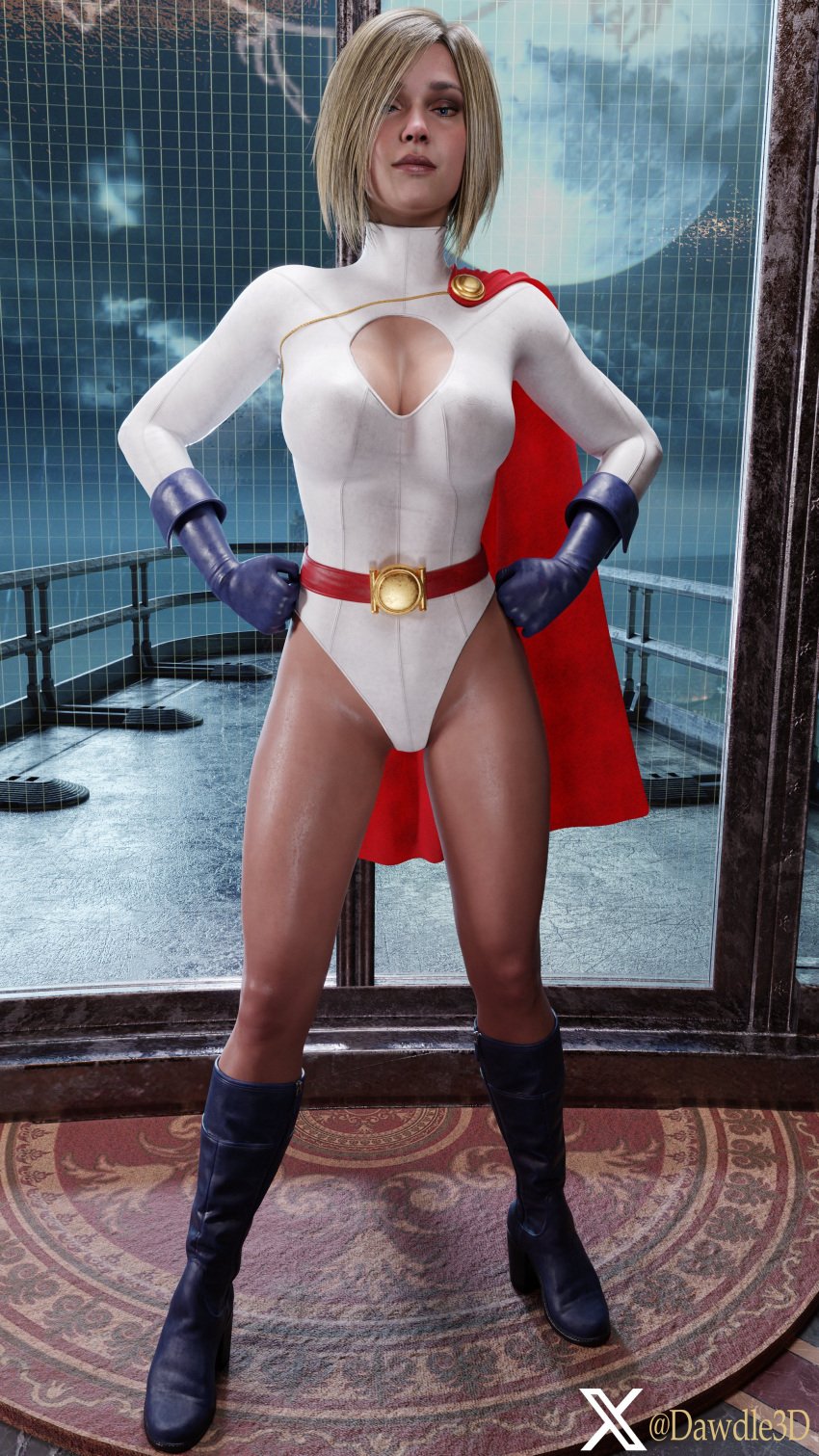 3d big_breasts blonde_hair blue_eyes breasts busty cleavage cleavage_cutout dawdle3d dc dc_comics female female_focus female_only fully_clothed hourglass_figure power_girl short_hair standing superman_(series) tagme tight_clothing wide_hips