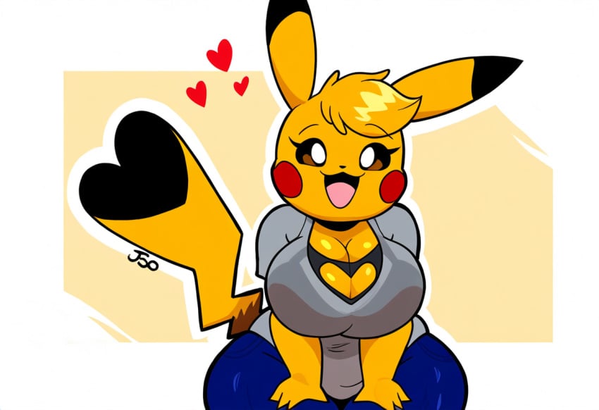 ai_generated anthro anthrofied big_breasts bottomwear breasts cleavage cleft_tail clothed clothing cosplay_pikachu_(character) cosplay_pikachu_(costume) denim dipstick_ears female generation_1_pokemon heart hellsonger hi_res huge_breasts jeans kanna_(joaoppereiraus) looking_at_viewer multicolored_ears nintendo open_mouth pants pikachu pikachu_libre pokemon pokemon_(species) pokemorph simple_background smile solo thick_thighs wide_hips yellow_body yellow_fur