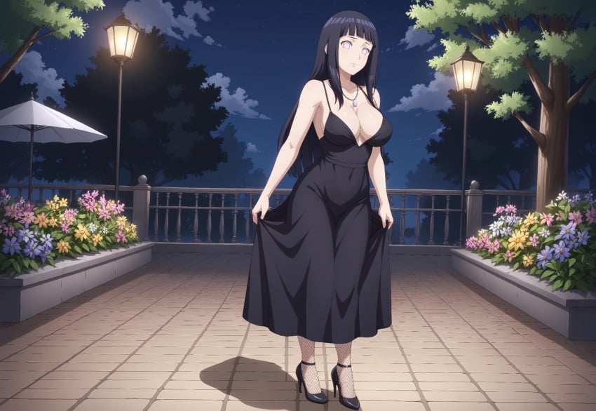 ai_generated big_breasts black_hair civitai dress elegant_dress fishnets full_body high_heels hyuuga_hinata large_breasts long_hair looking_at_viewer naruto naruto_(series) naruto_shippuden necklace no_pupils purple_eyes silver_necklace small_waist stockings