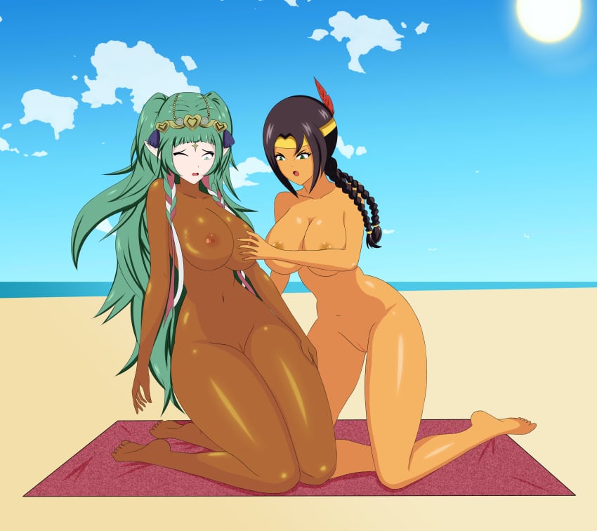 2girls anoneysnufftan applying_sunscreen banjo-kazooie beach beach_towel blue_eyes breasts brown_hair edasbild embarrassed embarrassed_nude_female female female_only fire_emblem fire_emblem:_three_houses green_eyes green_hair hair_feather headdress humba_wumba humiliation imminent_death killer_lotion long_hair lotion massage murder native_american nintendo nipples nude ocean oil oiled peril punishment pussy rubbing sand seaside shiny_skin sky snuff sothis_(fire_emblem) source_request summer sunbathing sunscreen towel wince