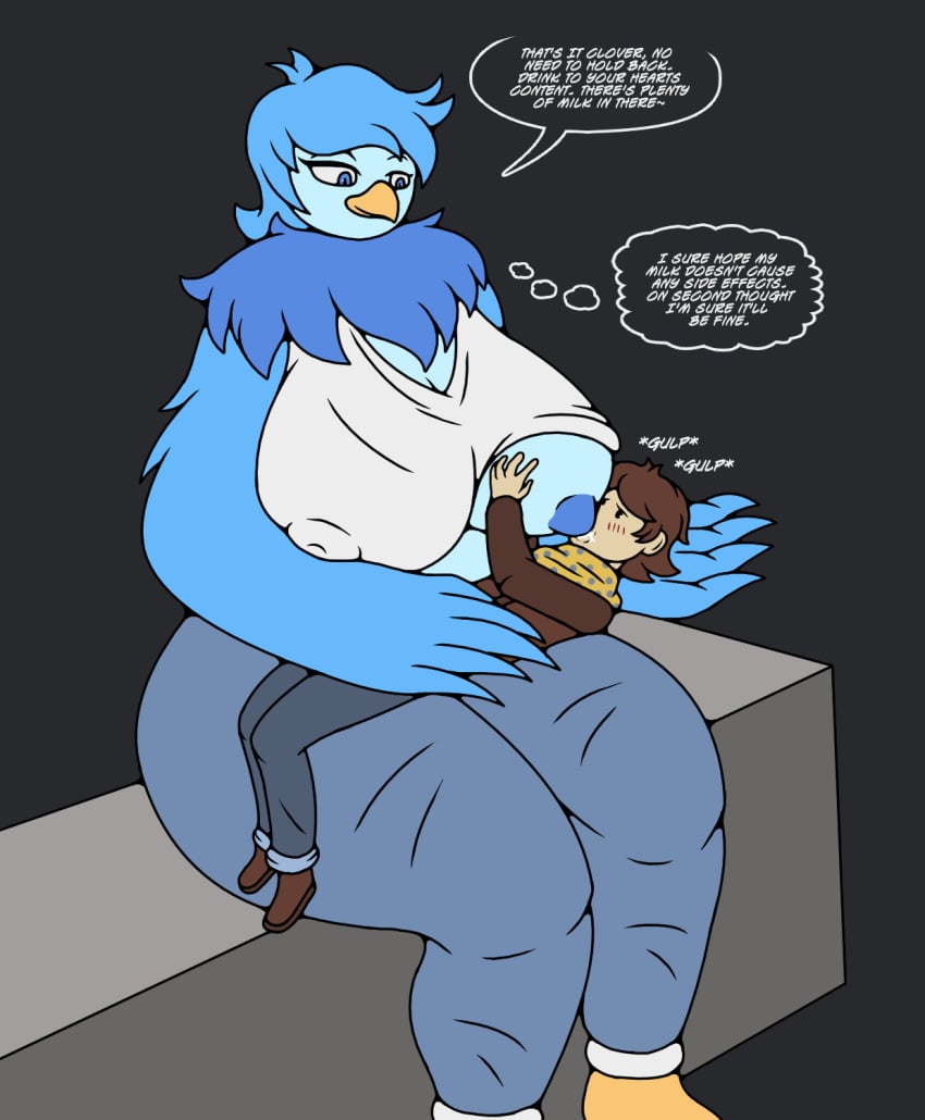 anonymous_artist anthro areola ass avian beak big_breasts big_butt bird blue_body blue_eyes blue_feathers blue_fur blue_hair blush bodily_fluids bottomwear breast_grab breast_play breast_suck breastfeeding breasts brown_hair clothed clothing clover_(undertale_yellow) digital_media_(artwork) duo english_text feathered_wings feathers female footwear fur hair hand_on_breast hi_res huge_breasts huge_butt huge_thighs human human_on_anthro interspecies lactating male male/female mammal martlet_(undertale_yellow) milk neck_tuft nipples non-mammal_breasts raised_clothing raised_shirt raised_topwear scarf shirt shoes simple_background smile sucking text thick_thighs thought_bubble topwear tuft undertale undertale_(series) undertale_yellow winged_arms wings yellow_beak