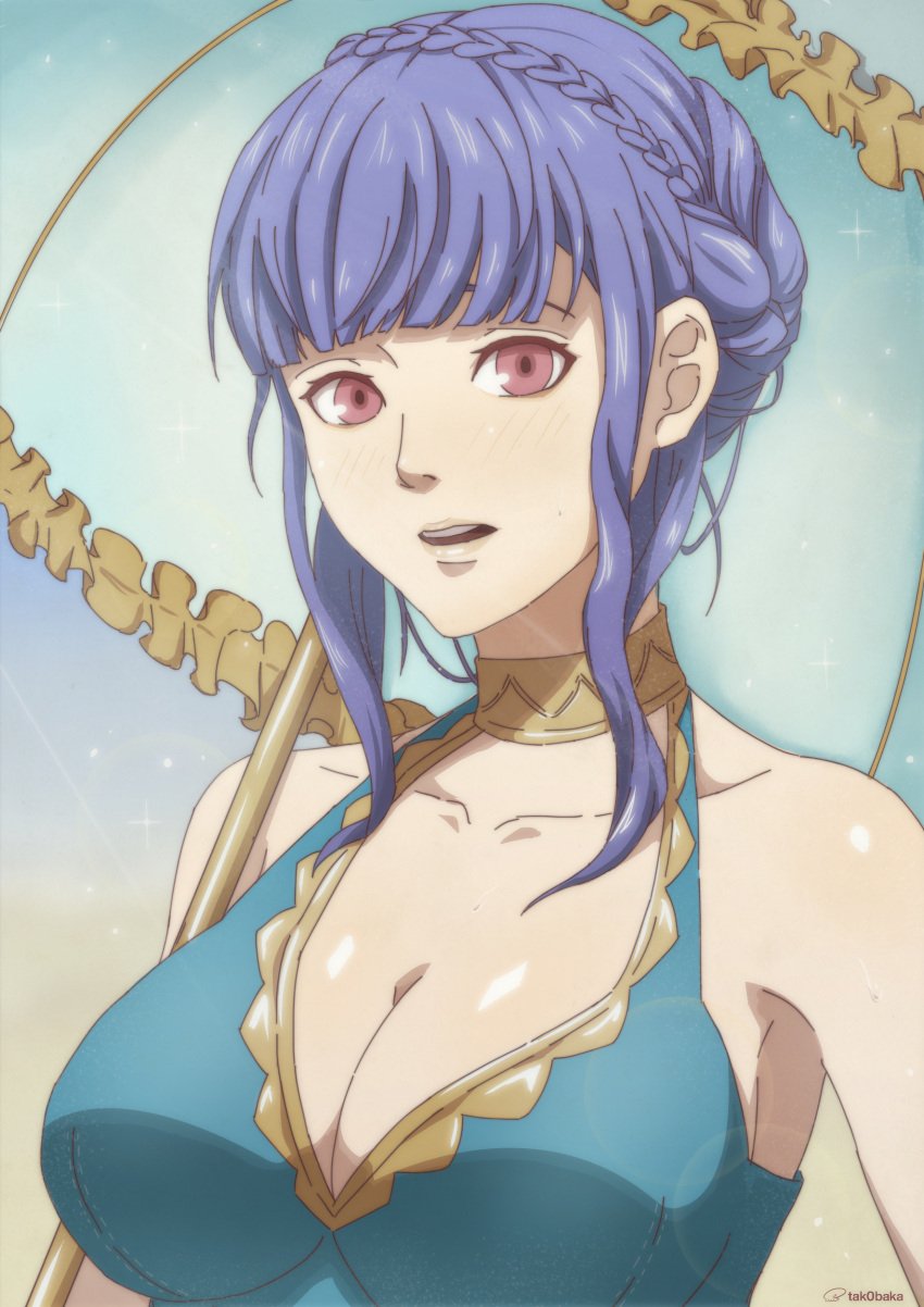 1girls absurdres alternate_costume bad_id bad_pixiv_id bikini blue_bikini blue_hair blue_swimsuit blunt_bangs blush braid breasts cleavage collarbone commentary crown_braid english_commentary female female_only fire_emblem fire_emblem:_three_houses fire_emblem_heroes gold_trim highres holding holding_umbrella large_breasts marianne_von_edmund marianne_von_edmund_(summer) nintendo official_alternate_costume parasol red_eyes sidelocks solo swimsuit tak0baka umbrella