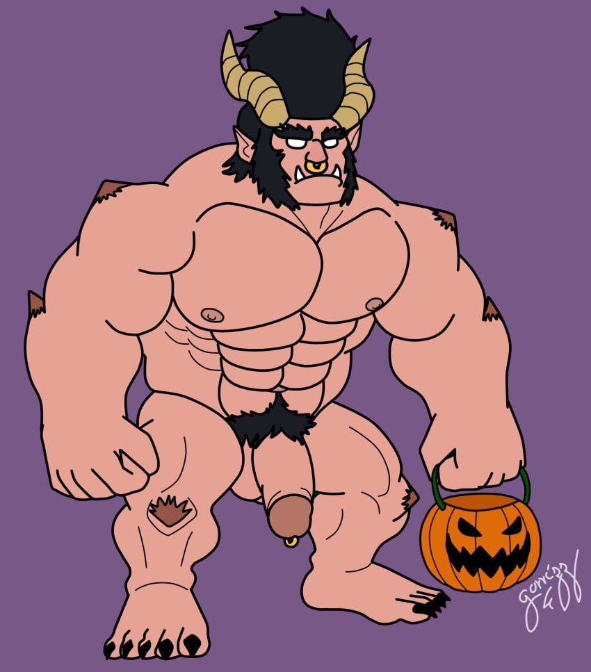 balls bara brawl_stars bull_(brawl_stars) flaccid gorrizz male male_only muscles muscular nose_ring nude penis penis_piercing pompadour pumpkin_basket solo solo_male