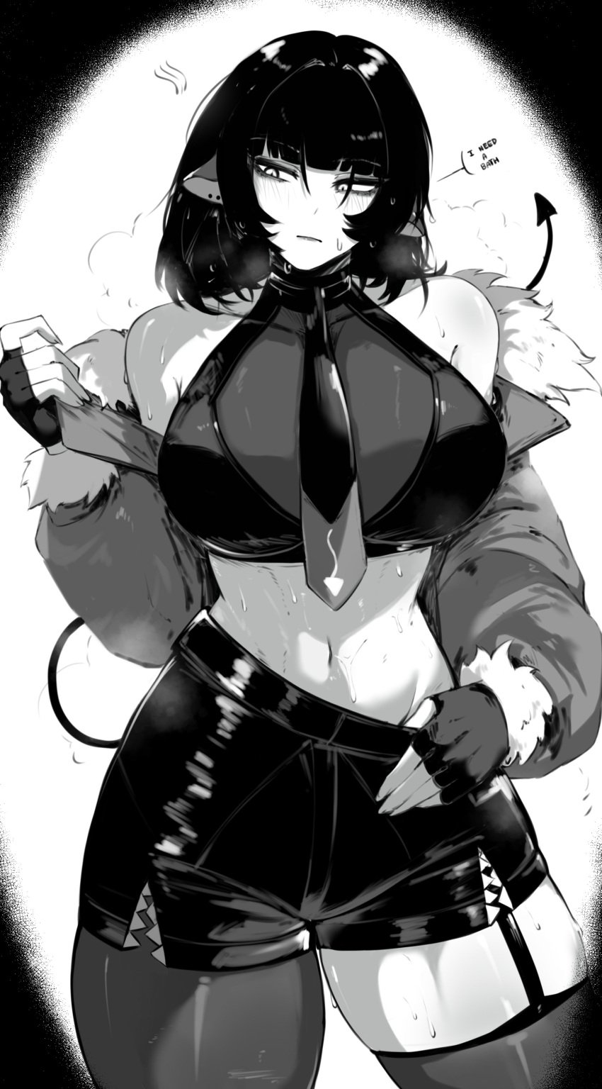 1girls animal_ears asymmetrical_legwear big_breasts black_and_white black_hair bob_cut busty clothed curves curvy dark_hair female female_only fully_clothed grin grinning hoyoverse jane_doe_(zenless_zone_zero) large_breasts masoq095 mihoyo monochrome monster_girl rat_ears rat_girl rat_tail revealing_clothes smirk smirking sweat sweating sweaty thick thick_thighs thighs zenless_zone_zero