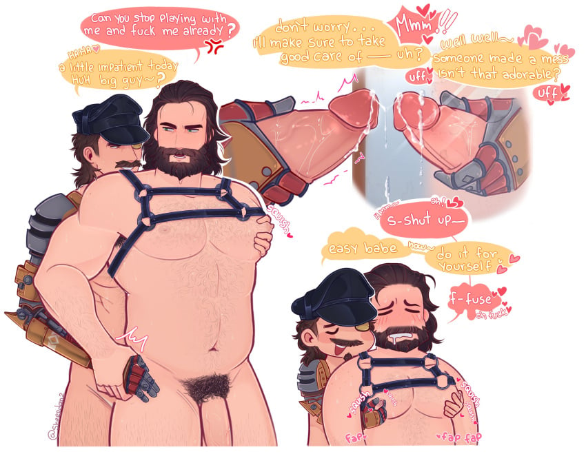 2boys apex_legends bara bara_tits beard blush blushing blushing_at_partner body_hair brown_hair caustic_(apex_legends) cum cumming dialogue dominant_male drooling edging fondling_breast fuse_(apex_legends) gay goatee handjob harness leaking_precum leather male male/male male_only man_boobs manboobs mirror moustache penis pinching_nipples playing_with_nipple police_hat prosthetic prosthetic_arm pubic_hair squeezing_nipple standing standing_sex submissive_male teasing