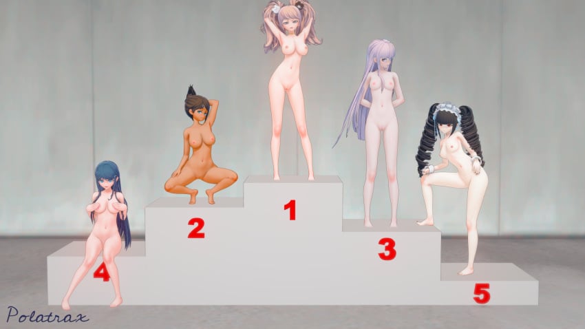 3d 5girls asahina_aoi celestia_ludenberg danganronpa danganronpa_1 female female_only junko_enoshima kirigiri_kyouko maizono_sayaka multiple_girls nude nude_female podium polatrax