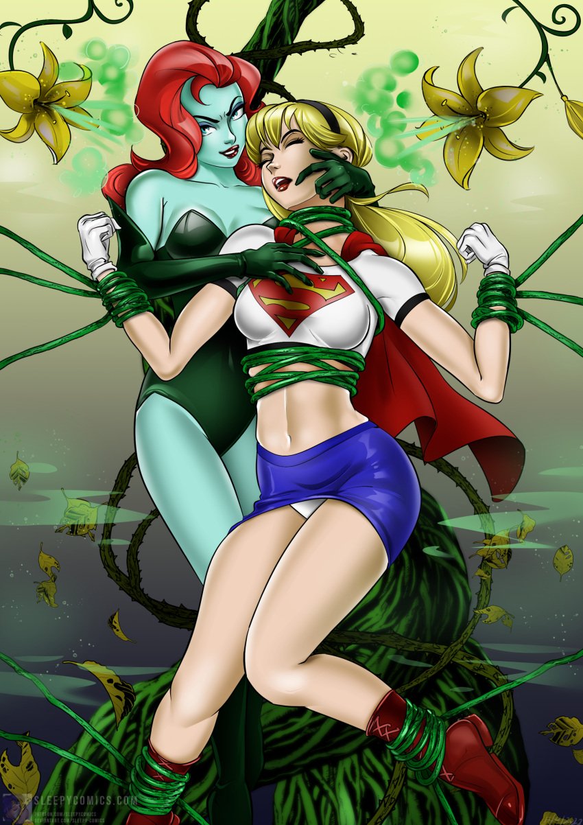 blonde_female blonde_hair cape crop_top dc dc_comics dcau entangled exposed_panties femdom femsub flowers gas green_skin grope groping hair_band kara_zor-el pamela_isley plants poison_ivy poison_ivy_(dcau) red_hair red_hair_female skirt sleepycomics stroking_head supergirl supergirl_(dcau) superhero superhero_costume superheroine superman_(series) unconscious villainess vines yuri