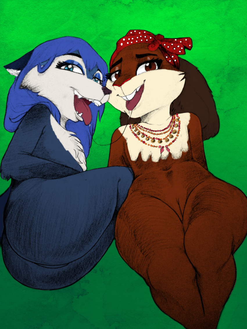 2019 after_kiss anthro ass bandana bianca_(sheep_and_wolves) bijouterie blue_eyes blue_fur blue_hair bodily_fluids brown_eyes canid canine canis chest_tuft cruelpastry fangs female female/female fur gloves_(marking) gypsy hair half-closed_eyes hi_res jewelry lagomorph leporid looking_at_viewer looking_pleasured lying makeup mami_(sheep_and_wolves) mammal markings mascara multicolored_fur navel neck_tuft nude on_back pussy rabbit saliva saliva_string sheep_and_wolves simple_background smile teeth text tongue tongue_out tuft two_tone_fur white_fur wizart wolf yuri