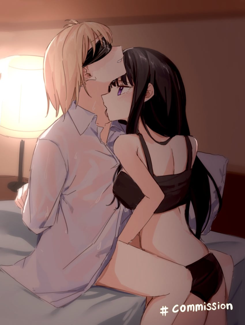 2girls arms_behind_back between_legs biting black_bra black_hair black_panties blindfold blonde_hair blush bondage bound bra chinese_commentary collared_shirt commentary_request commission fingering highres indoors inoue_takina jenjen kneeling lamp long_hair long_sleeves lycoris_recoil multiple_girls neck_biting on_bed panties parted_lips pillow purple_eyes shirt short_hair sitting underwear white_shirt yuri