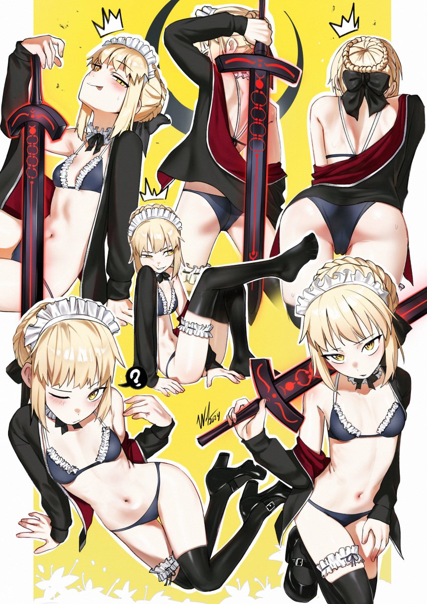 ? abdomen artoria_pendragon artoria_pendragon_(alter) artoria_pendragon_(fate) ass back belly belly_button bikini blonde_female blonde_hair blush fate/grand_order fate/stay_night fate/zero fate_(series) female female_only maid maid_bikini maid_headdress navel one_eye_closed petite petite_body petite_breasts petite_female saber skinny skinny_girl small_breasts smaller_female thighhighs waligner