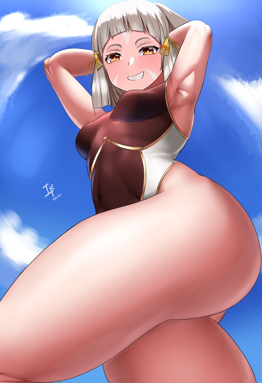 1girls arcedo armpits ass breasts female female_only hair hands_behind_head hips looking_down nia nia_(xenoblade) nintendo one-piece_swimsuit short_hair small_breasts smile solo solo_female swimsuit swimwear thick_thighs thighs white_hair wide_hips xenoblade_(series) yellow_eyes