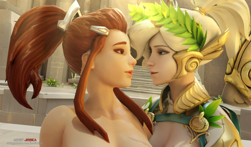 3d artist.jessica blonde_hair blue_eyes brigitte mercy muscular overwatch red_hair size_difference thick_thighs thighhighs yuri