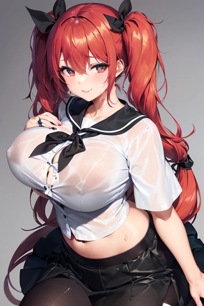 ai-generated ai-generated_art_(topic) ai_generated azur_lane black_skirt black_socks breasts female highres honolulu_(azur_lane) honolulu_(umbrella_girl)_(azur_lane) long_hair non-web_source red_hair shirt skirt socks sweat wet wet_clothes wet_shirt