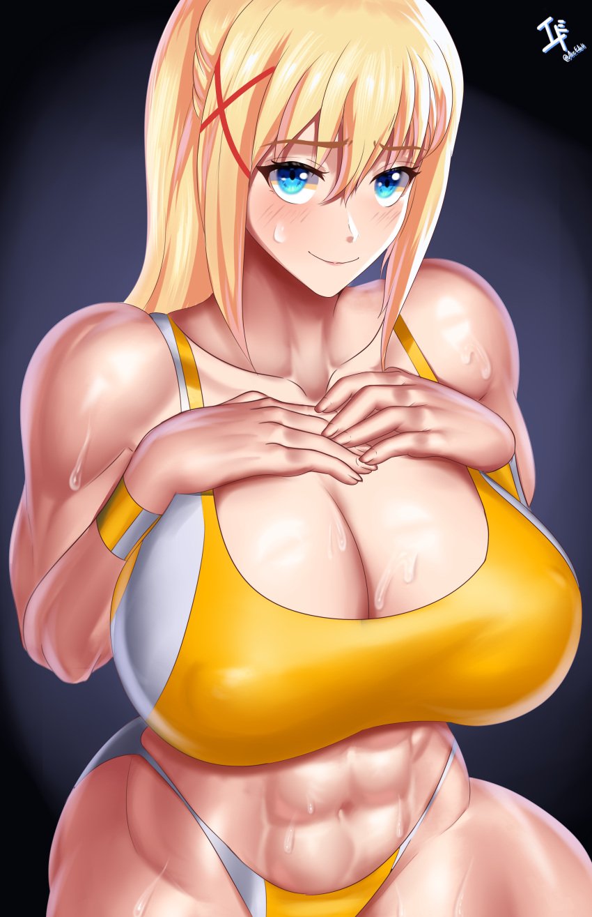 1girls abs arcedo big_breasts blonde_hair blue_eyes blush breast_focus breasts cleavage darkness_(konosuba) female female_only hair huge_breasts kono_subarashii_sekai_ni_shukufuku_wo! large_breasts muscles muscular muscular_female ponytail smile solo solo_female sports_bra sports_uniform sportswear sweat sweatdrop yellow_sports_bra