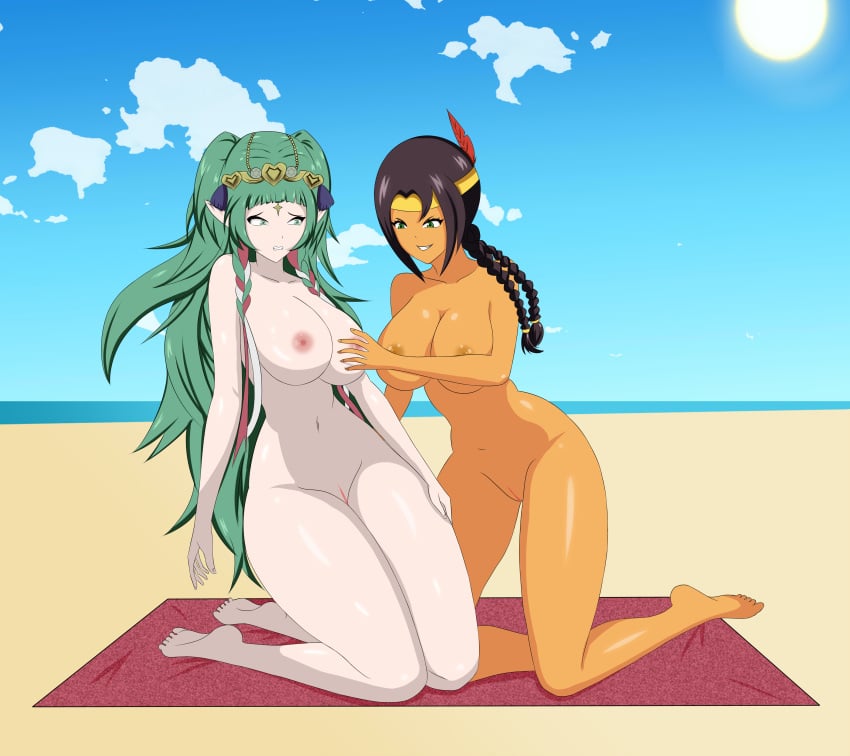 2girls anoneysnufftan applying_sunscreen banjo-kazooie beach beach_towel blue_eyes breasts brown_hair edasbild embarrassed embarrassed_nude_female female female_only fire_emblem fire_emblem:_three_houses green_eyes green_hair hair_feather headdress humba_wumba humiliation imminent_death killer_lotion long_hair massage murder native_american nintendo nipples nude ocean peril punishment pussy rubbing sand scared seaside sky snuff sothis_(fire_emblem) source_request summer sunbathing towel