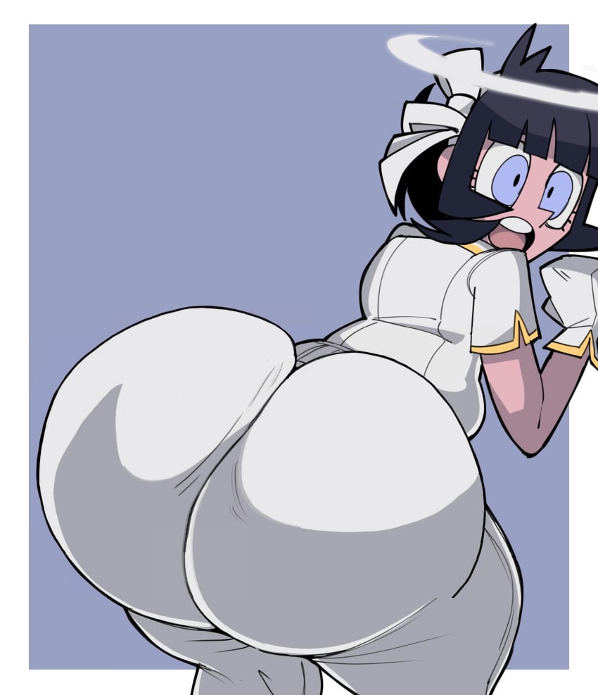 1girls angel ass azazel_(helltaker) big_ass black_hair blue_eyes bottom_heavy breasts bubble_butt clothing dat_ass demon_girl dotodonoto dumptruck_ass edit fat_ass female female female_only halo helltaker horns huge_ass large_ass massive_ass open_mouth short_hair sideboob simple_background solo thick_ass thick_thighs third-party_edit