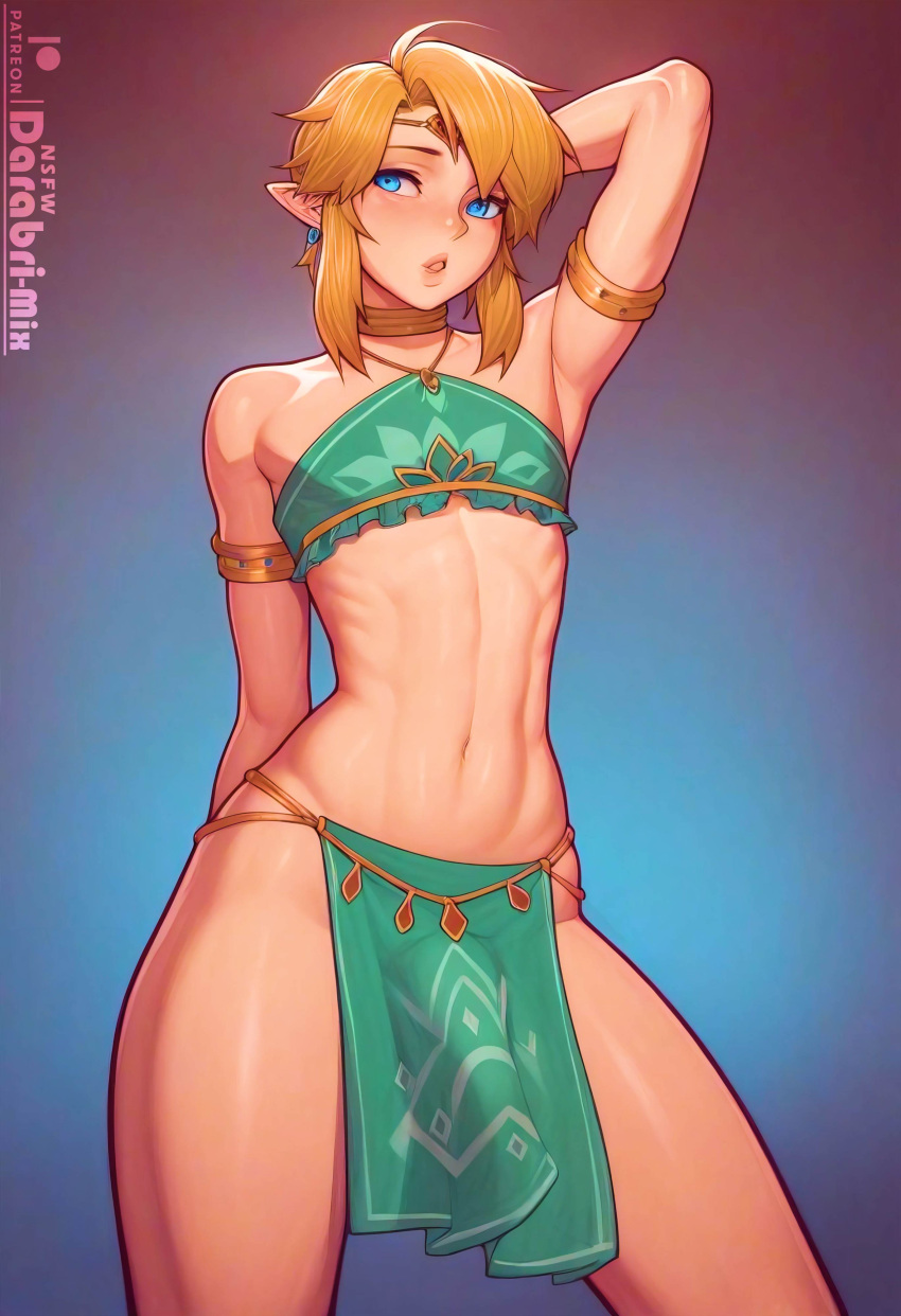 1boy abs absurd_res ai_generated armpits arms_up blonde_hair blue_eyes bulge crop_top cute cutie darabri-mix elf femboy feminine_male gay gerudo_link girly jewelry link link_(breath_of_the_wild) loincloth midriff otoko_no_ko penis penis_bulge the_legend_of_zelda thighs toned trap yaoi