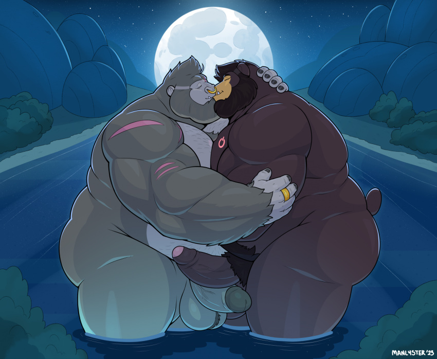 2023 anthro ape balls bear beard belly_tuft brown_body closed_eyes detailed_background duo facial_hair facial_piercing fahz_(fahzthegorilla) genitals gorilla grey_body hand_on_arm hand_on_neck haplorhine hi_res kissing male mammal manlyster muscular muscular_anthro muscular_male nose_piercing nose_ring overweight overweight_anthro overweight_male penis piercing primate ring ring_piercing scared tattoo tuft water